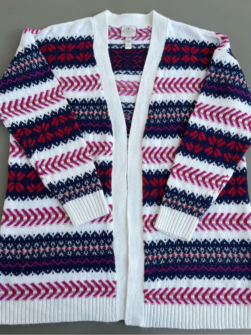 St. John's Bay White‎ Cardigan with Navy & Red Fair Isle Accents
